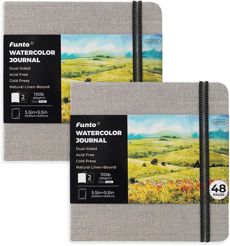Funto Watercolor Journal, Square, 5.5x5.5, Portable 2-Pack, 48 Pages Each, Gray Cover, 110lb/230gsm, Art Supplies for Mixed Media - Image 1